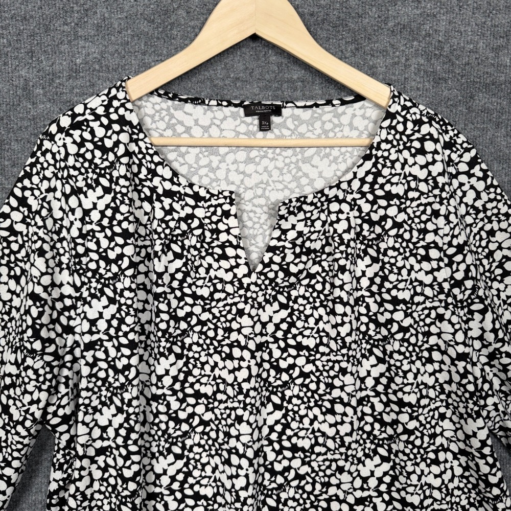 Talbots Petite Size 3X Top Blouse‎ Black White Abstract Floral Split Neck Office - Picture 4 of 8